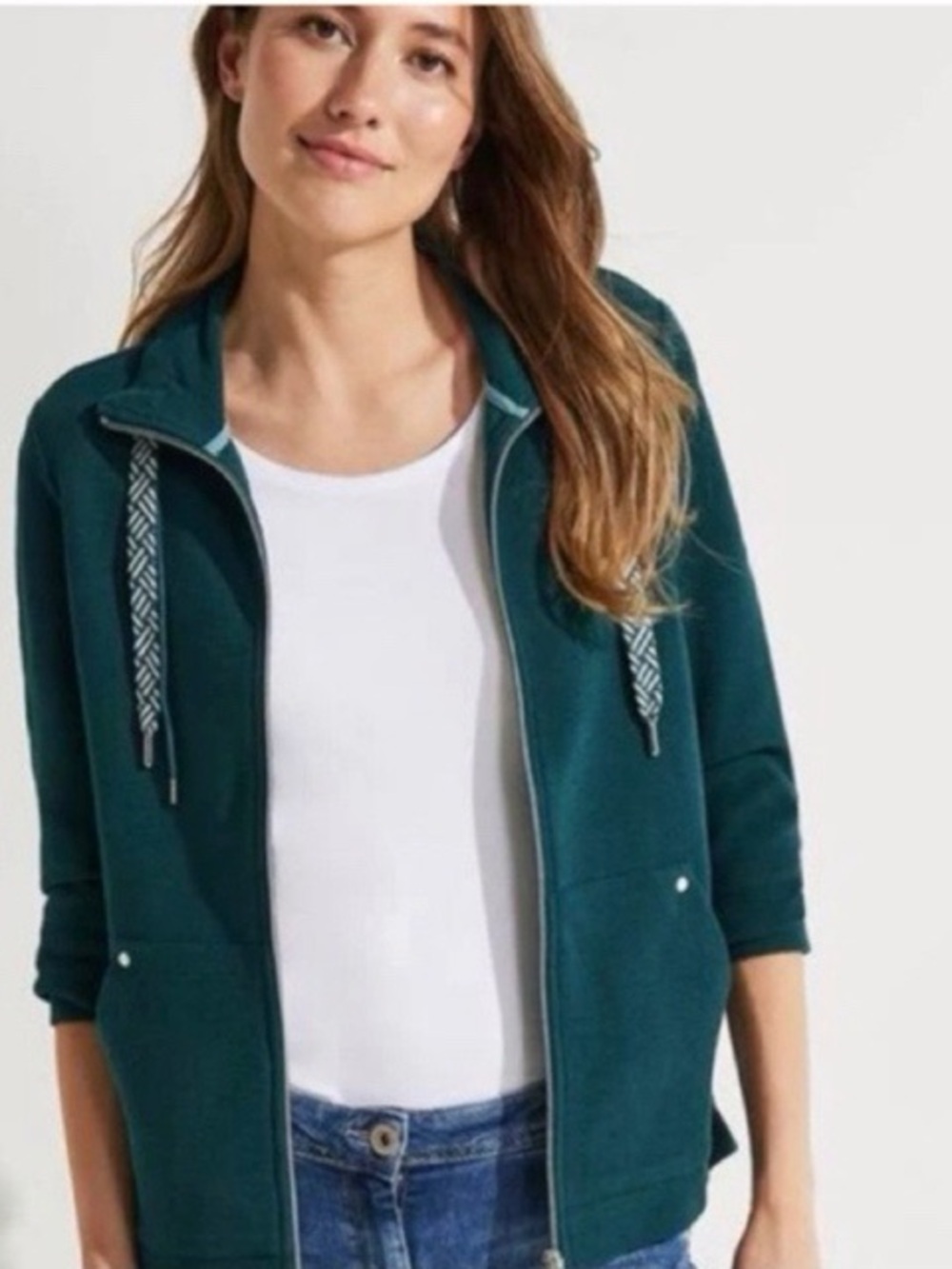 Cecil Waffle‎ Knit Zip Up Drawstring Jacket In Deep Lake Green